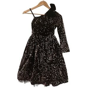 Grace Karin Girls Black Gold Sparkly Velvet Party Dress sz 10 One Shoulder Dress